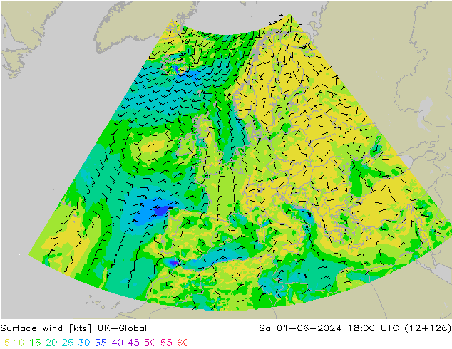 Wind 10 m UK-Global za 01.06.2024 18 UTC