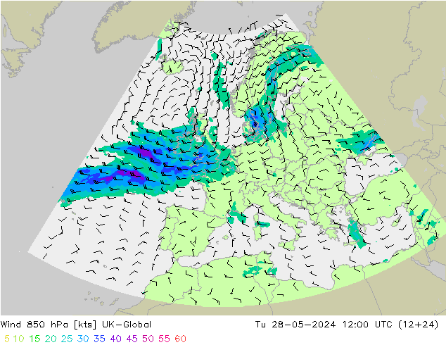 Wind 850 hPa UK-Global Di 28.05.2024 12 UTC