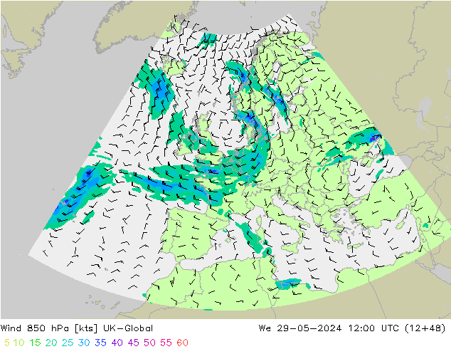 Wind 850 hPa UK-Global Mi 29.05.2024 12 UTC