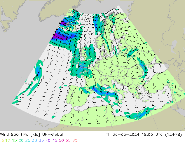 Wind 850 hPa UK-Global Do 30.05.2024 18 UTC