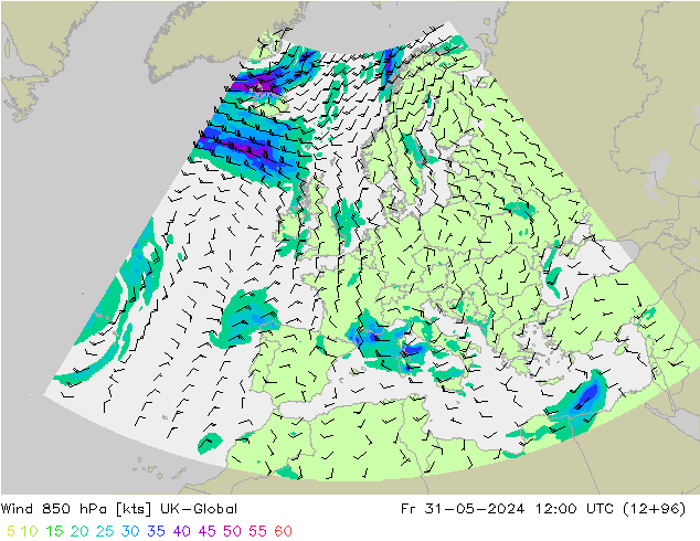 Wind 850 hPa UK-Global Fr 31.05.2024 12 UTC