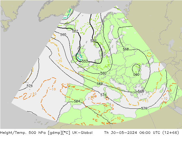 Height/Temp. 500 hPa UK-Global Th 30.05.2024 06 UTC