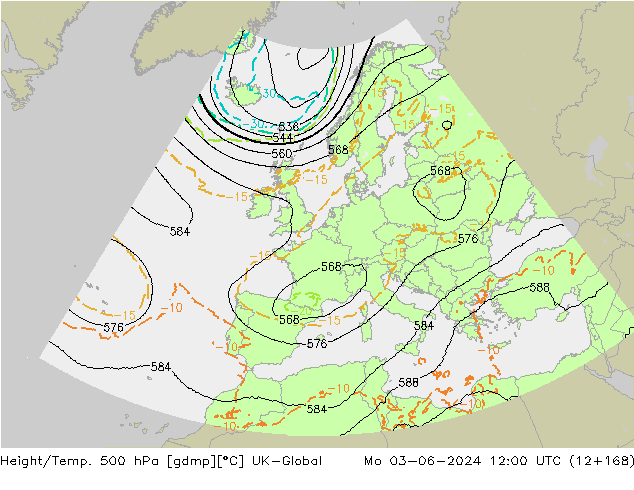 Height/Temp. 500 hPa UK-Global Mo 03.06.2024 12 UTC