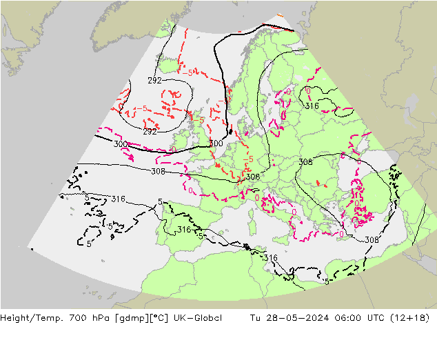 Height/Temp. 700 hPa UK-Global  28.05.2024 06 UTC