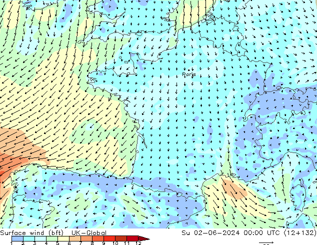 Vento 10 m (bft) UK-Global dom 02.06.2024 00 UTC