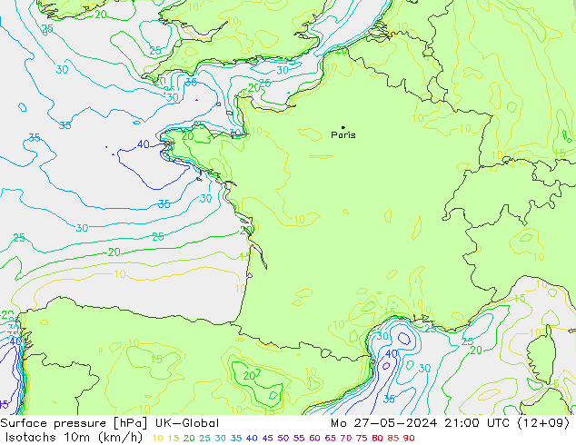 Isotachs (kph) UK-Global Po 27.05.2024 21 UTC