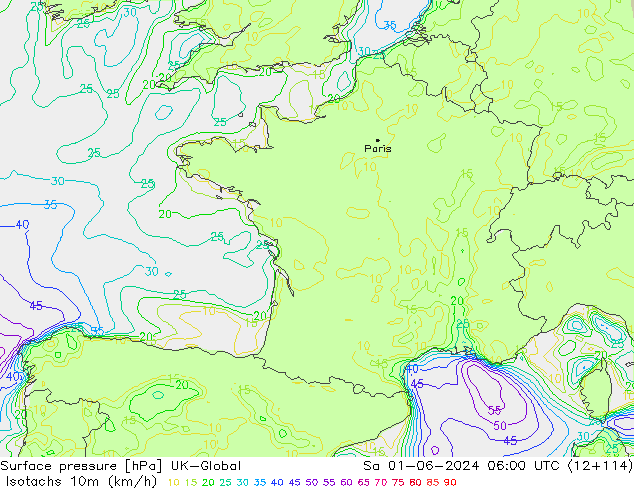 Isotachs (kph) UK-Global Sáb 01.06.2024 06 UTC