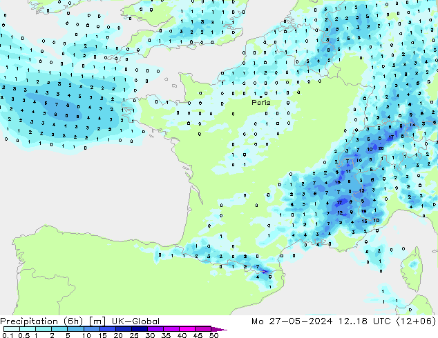 Precipitation (6h) UK-Global Mo 27.05.2024 18 UTC
