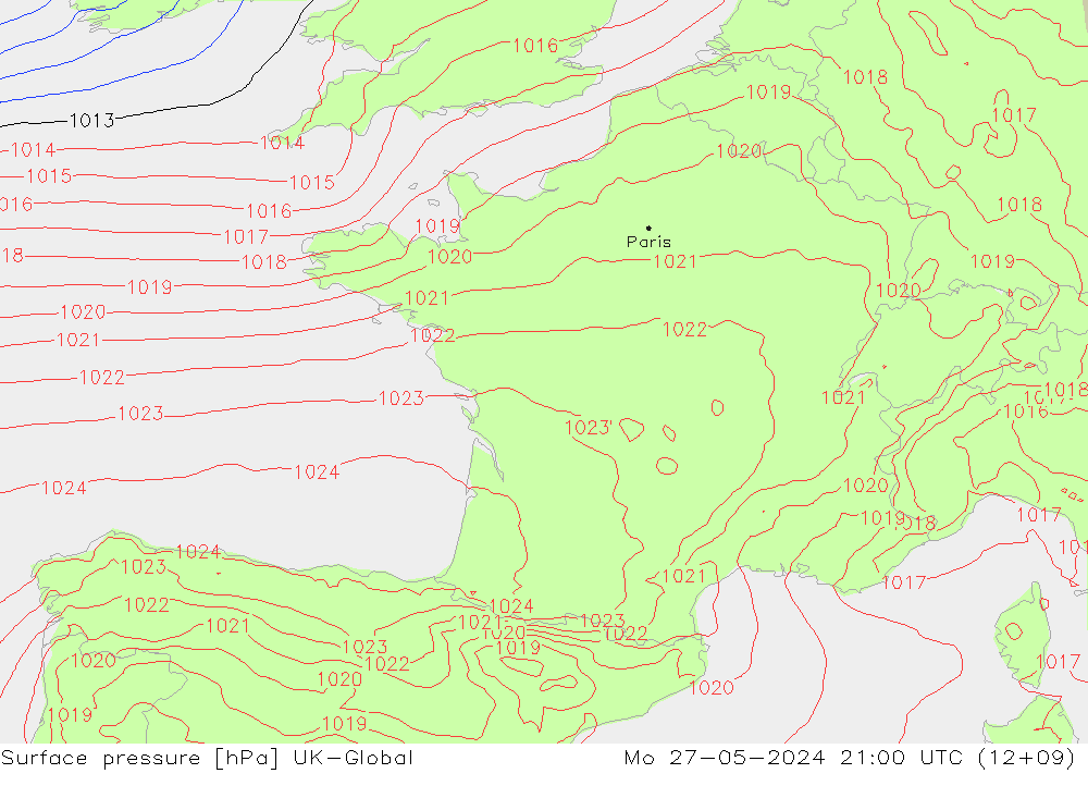 Atmosférický tlak UK-Global Po 27.05.2024 21 UTC