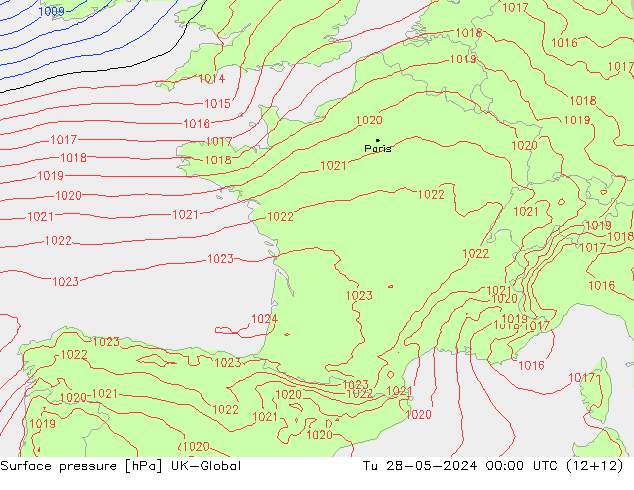 Surface pressure UK-Global Tu 28.05.2024 00 UTC