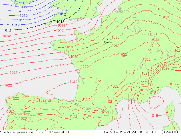 Atmosférický tlak UK-Global Út 28.05.2024 06 UTC