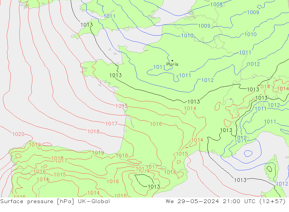 Surface pressure UK-Global We 29.05.2024 21 UTC