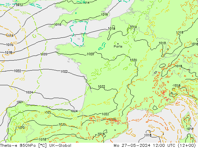 Theta-e 850hPa UK-Global ma 27.05.2024 12 UTC