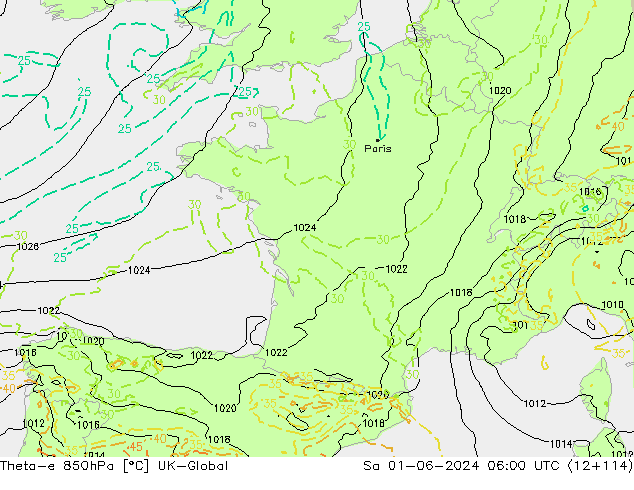 Theta-e 850hPa UK-Global za 01.06.2024 06 UTC