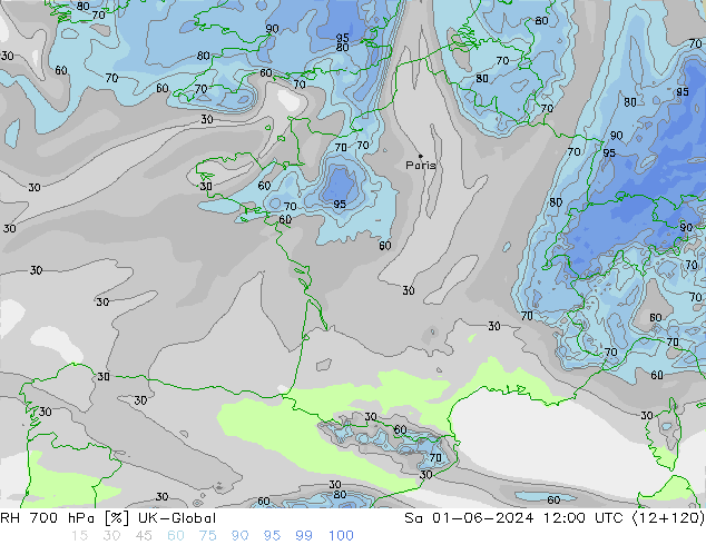 Humidité rel. 700 hPa UK-Global sam 01.06.2024 12 UTC