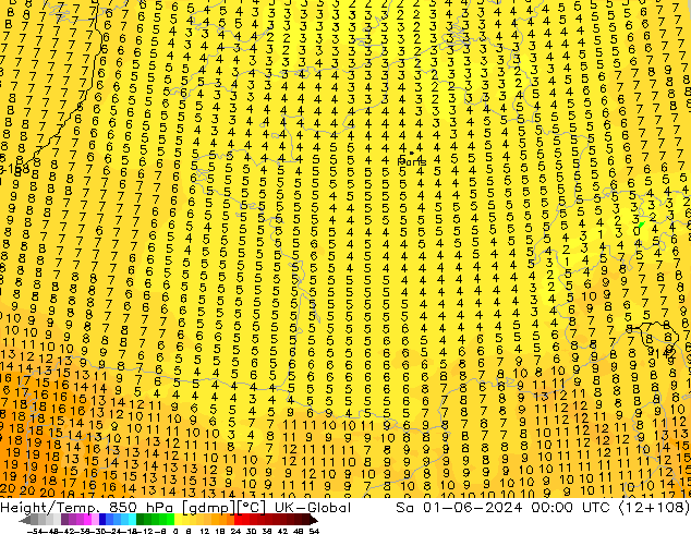 Height/Temp. 850 гПа UK-Global сб 01.06.2024 00 UTC