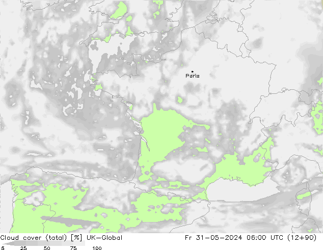 Bewolking (Totaal) UK-Global vr 31.05.2024 06 UTC