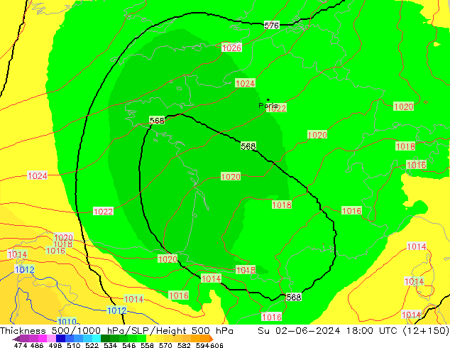 Espesor 500-1000 hPa UK-Global dom 02.06.2024 18 UTC