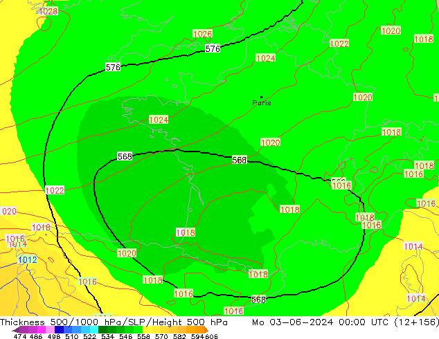 Dikte 500-1000hPa UK-Global ma 03.06.2024 00 UTC