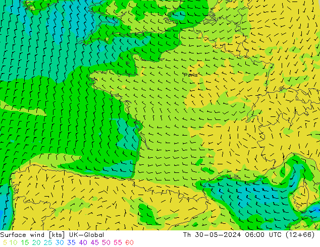 Surface wind UK-Global Čt 30.05.2024 06 UTC