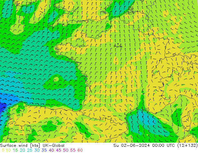 Vento 10 m UK-Global dom 02.06.2024 00 UTC