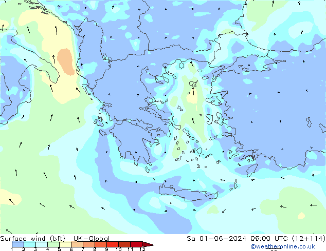 Surface wind (bft) UK-Global So 01.06.2024 06 UTC