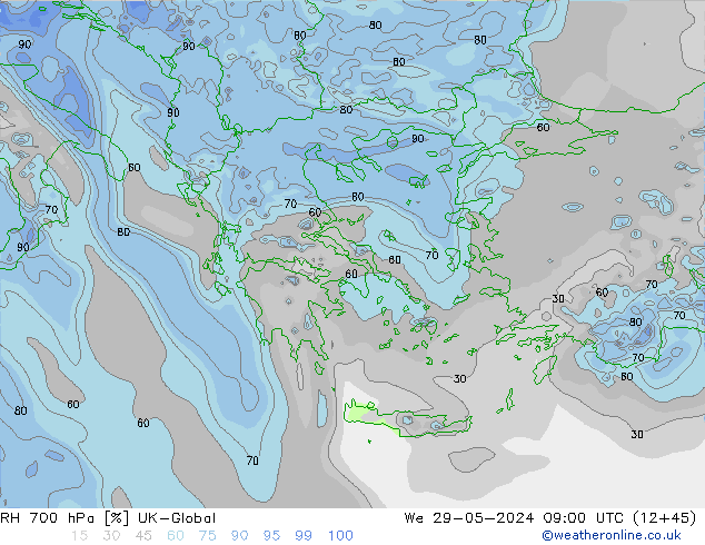 Humidité rel. 700 hPa UK-Global mer 29.05.2024 09 UTC