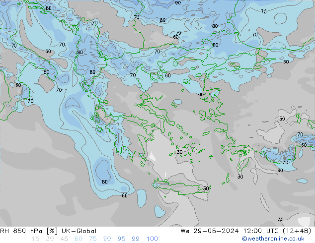 850 hPa Nispi Nem UK-Global Çar 29.05.2024 12 UTC