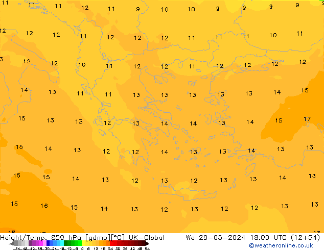 Yükseklik/Sıc. 850 hPa UK-Global Çar 29.05.2024 18 UTC