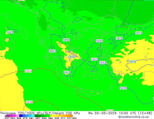 700-1000 hPa Kalınlığı UK-Global Çar 29.05.2024 12 UTC