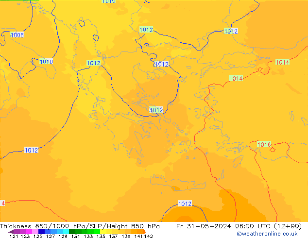 Schichtdicke 850-1000 hPa UK-Global Fr 31.05.2024 06 UTC