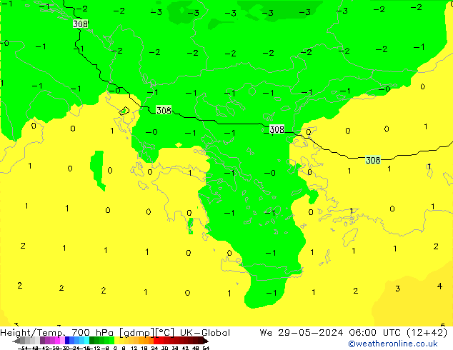 Height/Temp. 700 hPa UK-Global śro. 29.05.2024 06 UTC