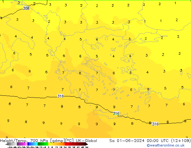 Height/Temp. 700 hPa UK-Global Sáb 01.06.2024 00 UTC