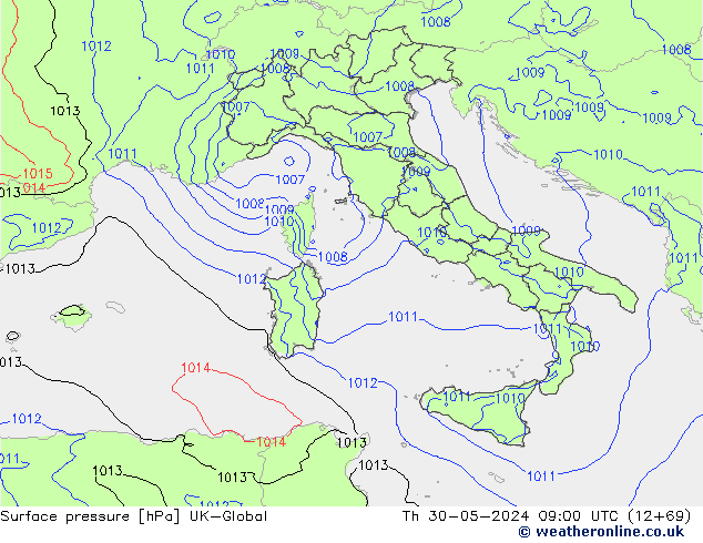 Atmosférický tlak UK-Global Čt 30.05.2024 09 UTC