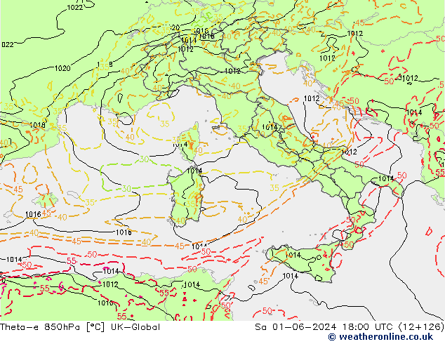 Theta-e 850hPa UK-Global Cts 01.06.2024 18 UTC