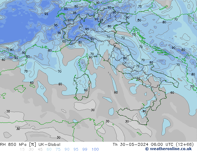 RH 850 hPa UK-Global Do 30.05.2024 06 UTC