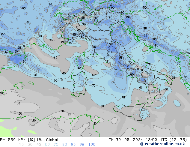 RH 850 hPa UK-Global Do 30.05.2024 18 UTC