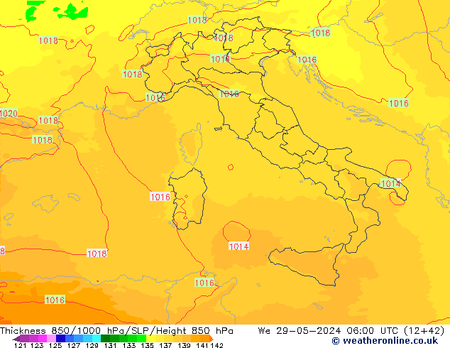 Espesor 850-1000 hPa UK-Global mié 29.05.2024 06 UTC