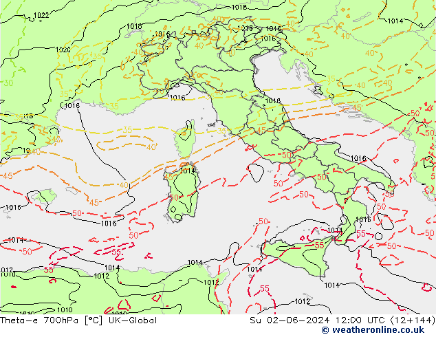 Theta-e 700hPa UK-Global Dom 02.06.2024 12 UTC
