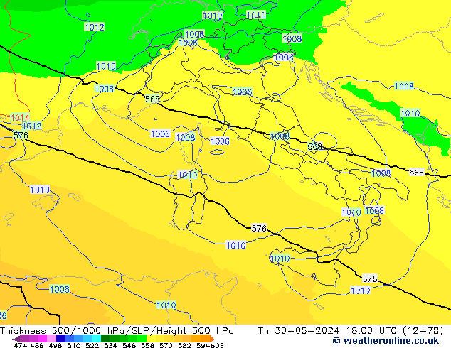 Espesor 500-1000 hPa UK-Global jue 30.05.2024 18 UTC