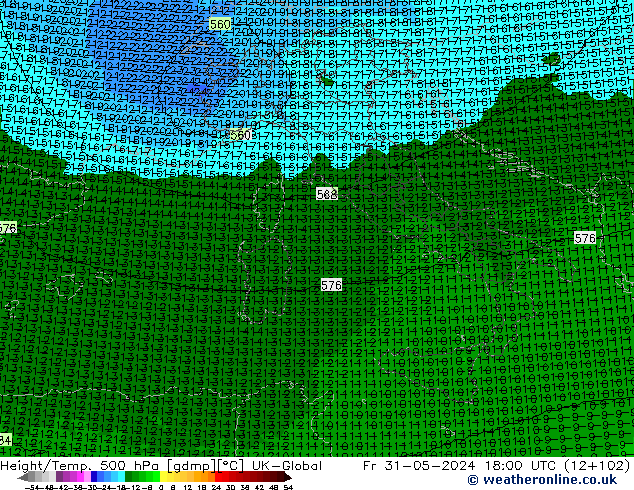 Height/Temp. 500 hPa UK-Global Fr 31.05.2024 18 UTC