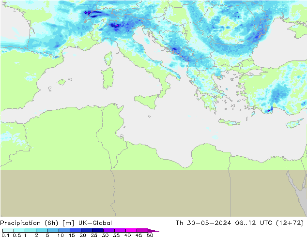 Precipitation (6h) UK-Global Čt 30.05.2024 12 UTC