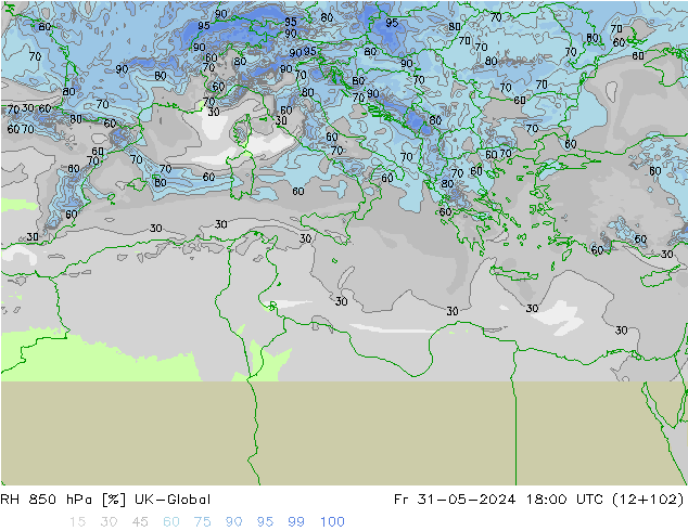 Humidité rel. 850 hPa UK-Global ven 31.05.2024 18 UTC