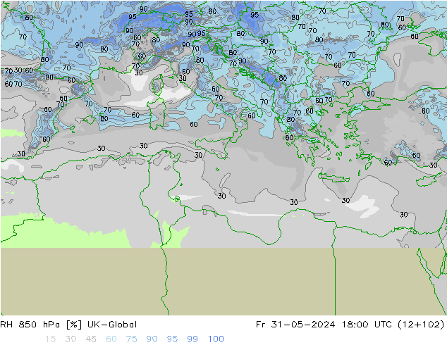 RH 850 hPa UK-Global Fr 31.05.2024 18 UTC