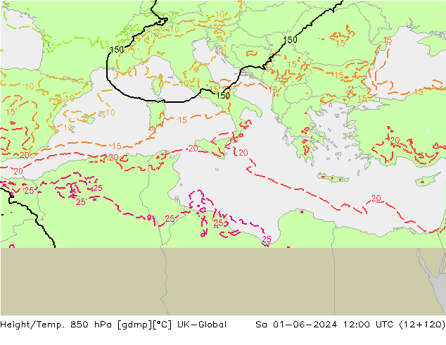 Height/Temp. 850 hPa UK-Global Sa 01.06.2024 12 UTC