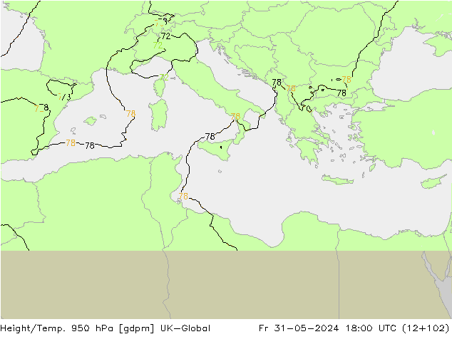 Height/Temp. 950 гПа UK-Global пт 31.05.2024 18 UTC