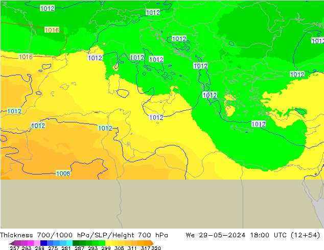 Thck 700-1000 hPa UK-Global St 29.05.2024 18 UTC