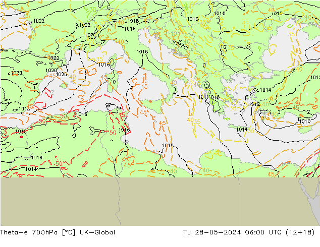 Theta-e 700hPa UK-Global  28.05.2024 06 UTC