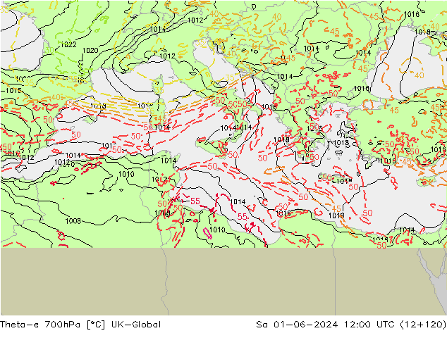 Theta-e 700hPa UK-Global Sa 01.06.2024 12 UTC