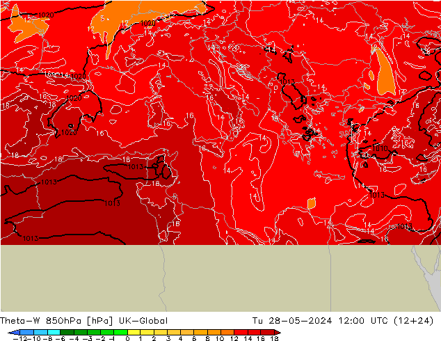 Theta-W 850hPa UK-Global Ter 28.05.2024 12 UTC